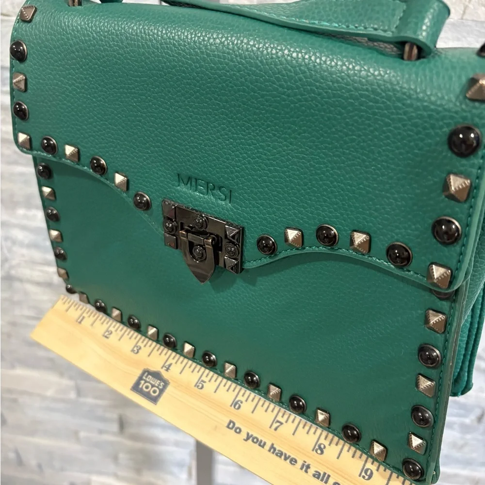 MERSI Teal Pebbled Leather Studded Crossbody Bag - Picture 10 of 10